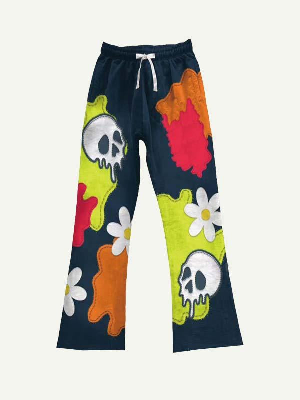 Colorblock Skull&Floral Faux Decal Print Elastic Waist Pants