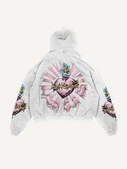 Pray Letter&Heart&Palm Print Slant Pockets Hoodie