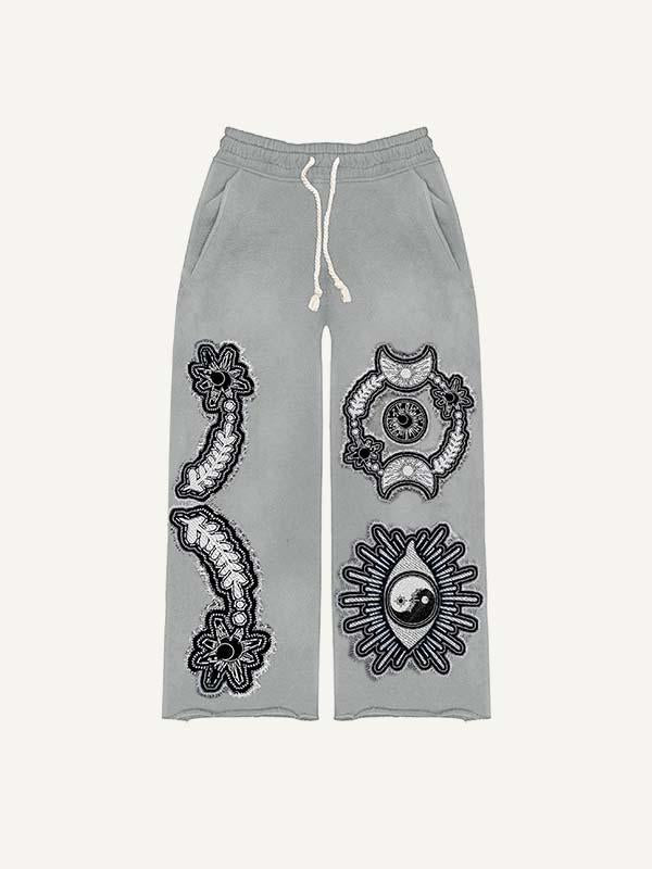 Sun&Moon&Star&Eye Graphic Faux Decal Print Elastic Waist Pants