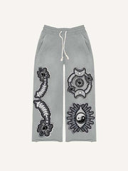 Sun&Moon&Star&Eye Graphic Faux Decal Print Elastic Waist Pants