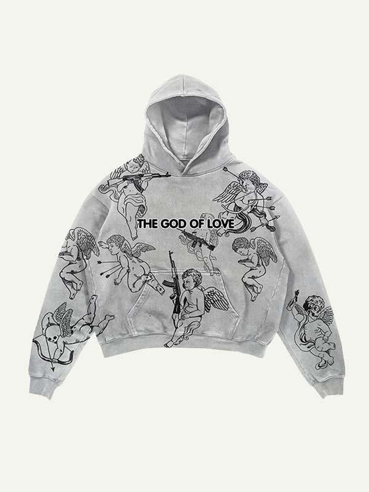 Skull&Angel&Letter Print Slant Pockets Hoodie