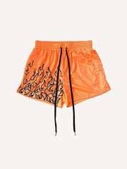Fire Print Mesh Drawstring Waist Shorts