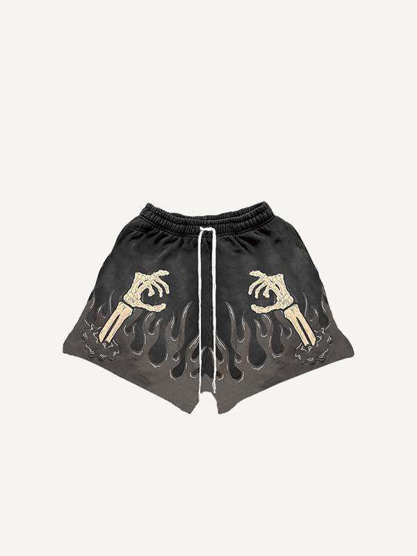 Colorblock Fire&Skull Palm Faux Decal Print Drawstring Waist Shorts
