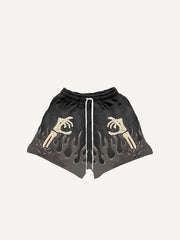 Colorblock Fire&Skull Palm Faux Decal Print Drawstring Waist Shorts