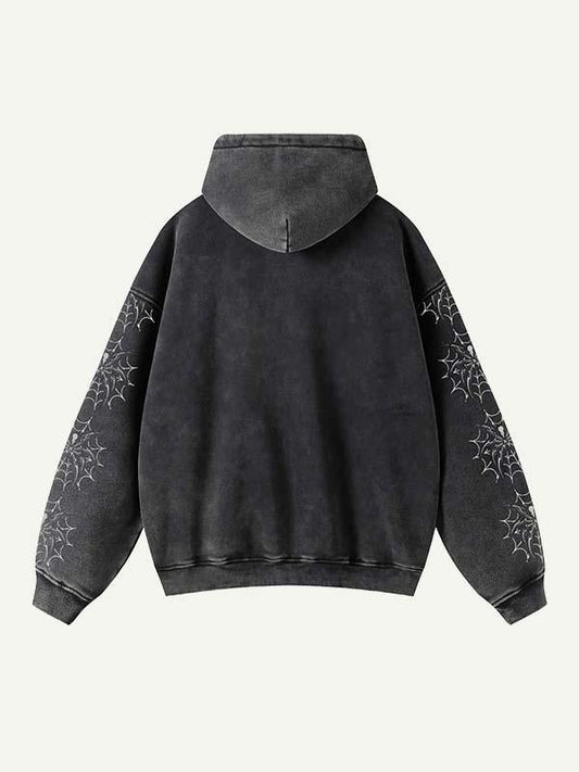 Spider&Letter Print Zip Up Slant Pockets Hooded Coat