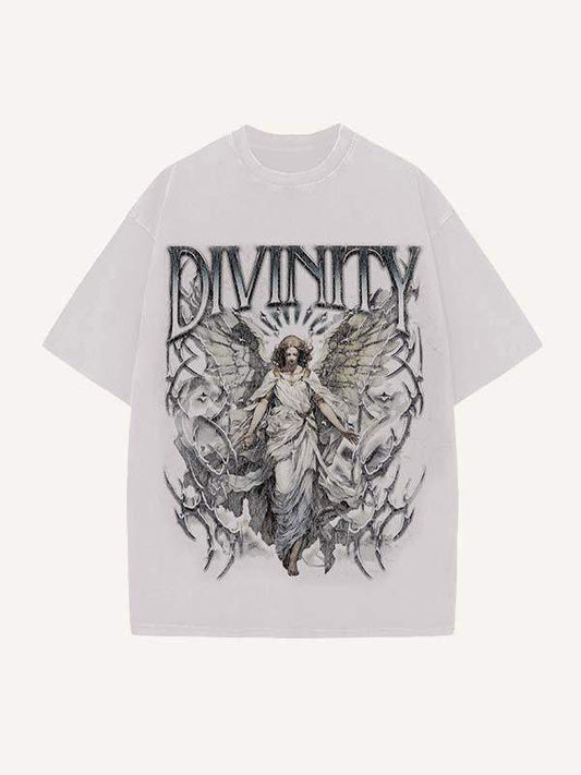 Distressed Washed Angel&Letter Print Round Neck T-shirt