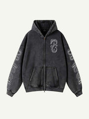 Dragon&Letter Print Zip Up Slant Pockets Hooded Coat