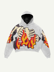 Fire&Skeleton Faux Decal Print Slant Pockets Hoodie
