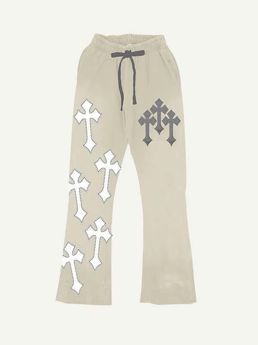Cross&Letter Faux Decal Print Elastic Waist Pants