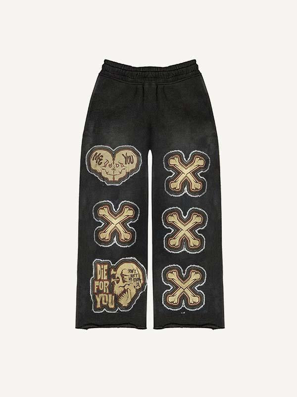 Die For You Skull&Cross&Heart Faux Decal Print Elastic Waist Pants