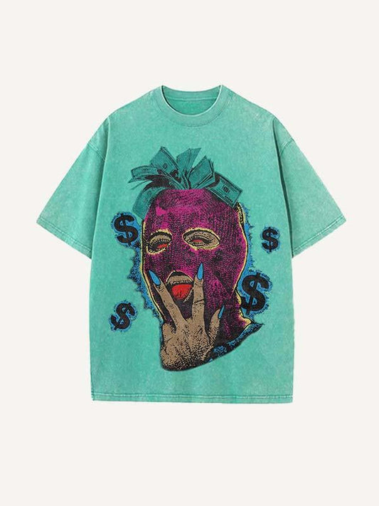 Distressed Washed Hooded Figure&Money Print Round Neck T-shirt