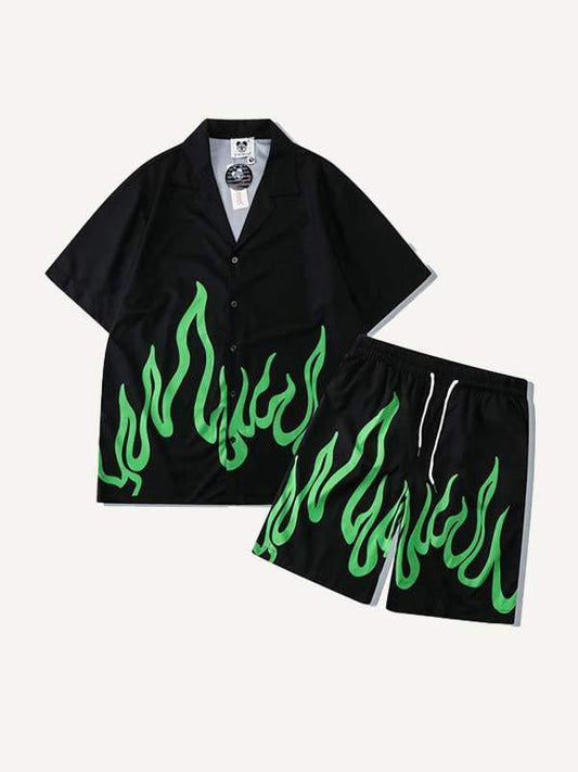 Zweiteiliges Set mit Kordelzug in der Taille und grünem Feuerdruck 