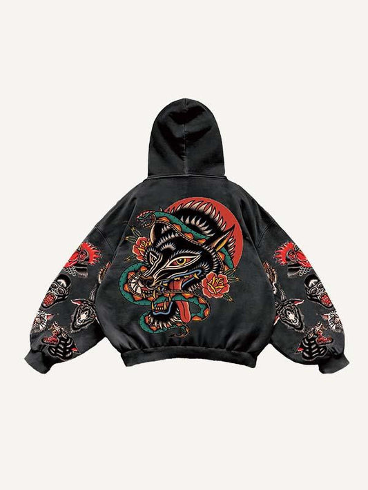 Kapuzenpullover mit Tier- und Buchstabenmuster und schrägen Taschen 