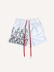 Fire Print Mesh Drawstring Waist Shorts