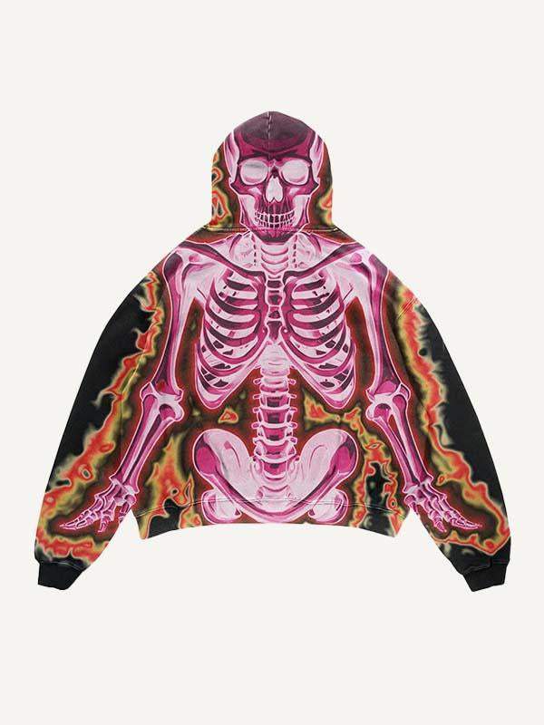 Pink Skeleton Print Slant Pockets Hoodie