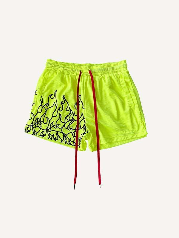 Fire Print Mesh Drawstring Waist Shorts