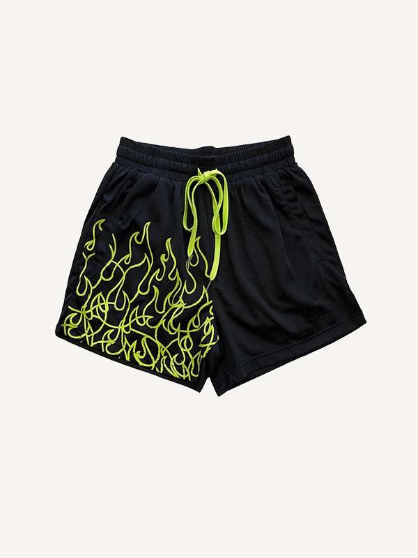 Fire Print Mesh Drawstring Waist Shorts