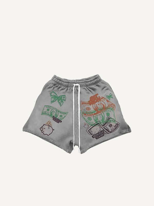 Money&Pig&Bow&Letter Print Drawstring Waist Shorts