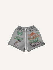 Money&Pig&Bow&Letter Print Drawstring Waist Shorts