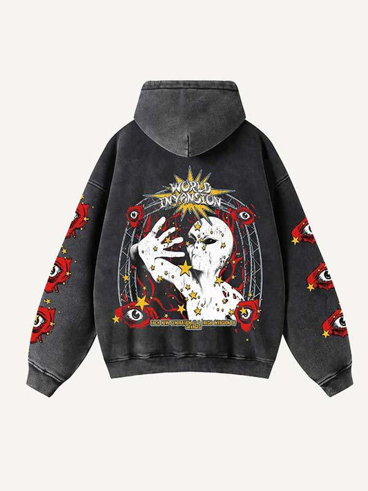 Mantel mit Kapuze, Alien-, Augen- und Buchstaben-Print, Reißverschluss und schrägen Taschen 