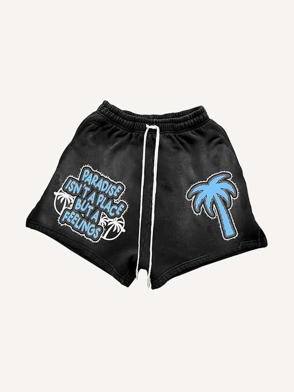 Letter&Tree Faux Decal Print Drawstring Waist Shorts