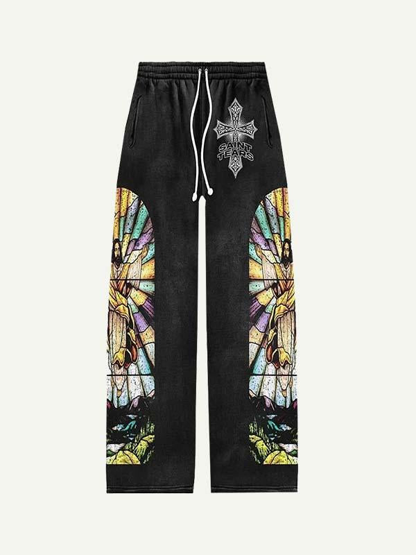Saint&Figure&Cross Print Elastic Waist Pants