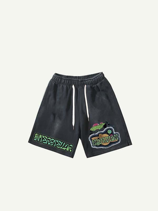 Planet&UFO&Letter Faux Decal Print Drawstring Waist Shorts