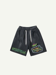 Planet&UFO&Letter Faux Decal Print Drawstring Waist Shorts