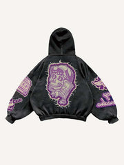 Skull&Letter&Fire&Money&Palm Faux Decal Print Slant Pockets Hoodie