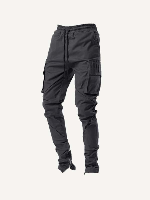 Solid Color Flap Pocket Side Zipper Detail Drawstring Waist Cargo Pants