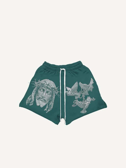 Jesus Pigeon Letter Faux Rhinestones Print Drawstring Waist Shorts