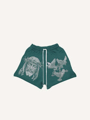 Jesus Pigeon Letter Faux Rhinestones Print Drawstring Waist Shorts