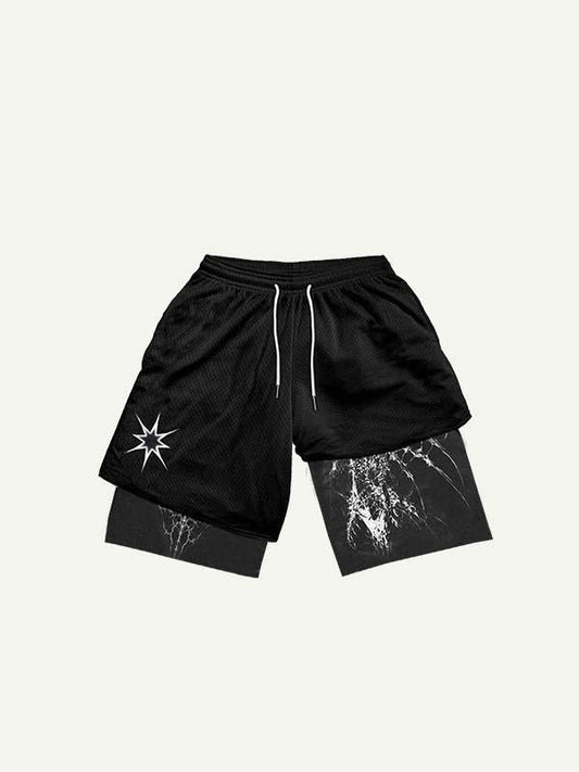 Fake Two Pieces Figure&Wing Graphic Print Drawstring Waist Shorts