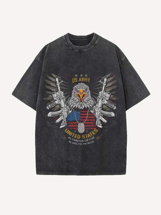 Distressed Washed Us Eagle Graphic Print Round Neck T-shirt