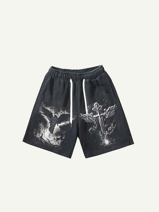 Figure&Cross&Wing Print Drawstring Waist Shorts