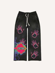 Skeleton&Palm Graphic Print Elastic Waist Pants