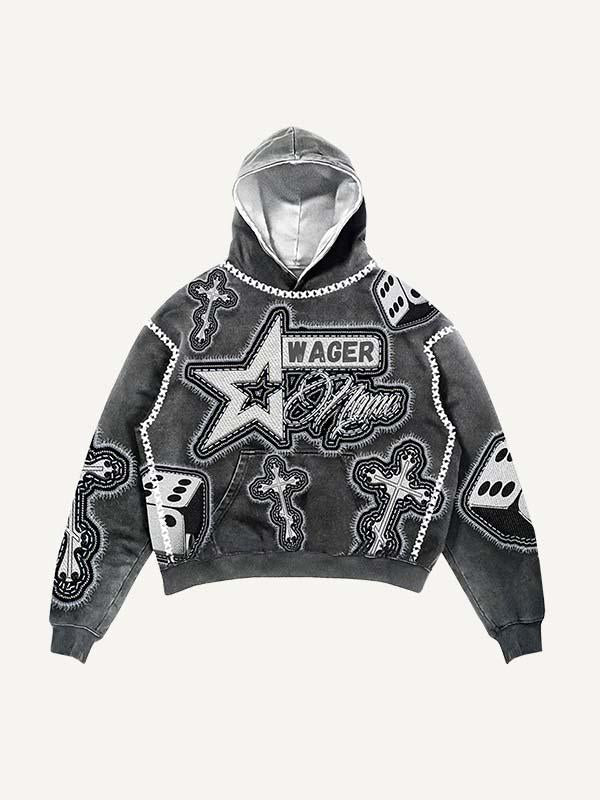 Eye&Cross&Dice&Star Faux Decal Print Slant Pockets Hoodie