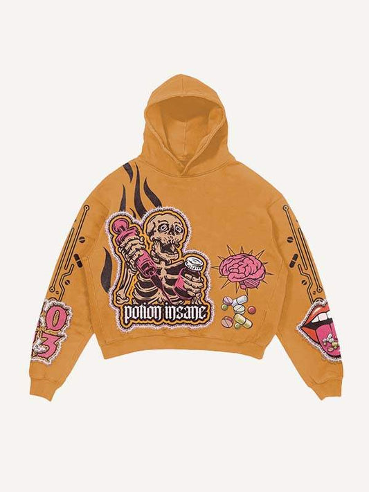Skeleton Injection Medicine&Letter Faux Decal Print Slant Pockets Hoodie