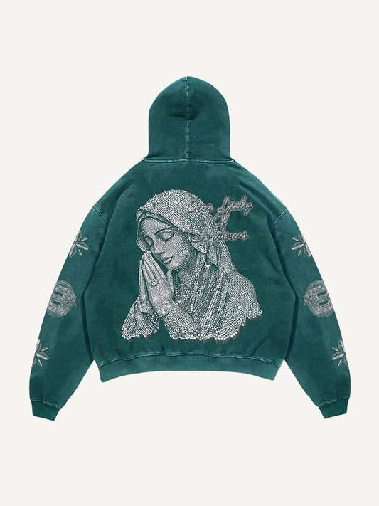 Mary&amp;Letter Pray Kapuzenpullover mit Kunst-Strass-Print und schrägen Taschen 
