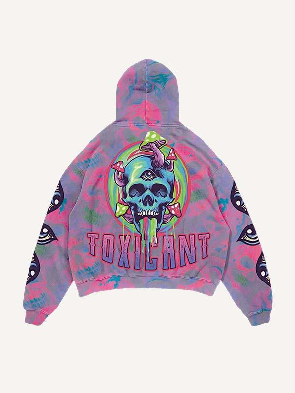 Skull&Mushroom&Eye&Letter Print Slant Pockets Hoodie