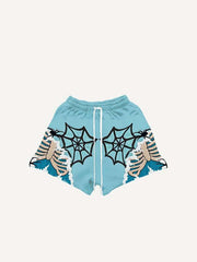 Skeleton&Spider Faux Decal Print Drawstring Waist Shorts