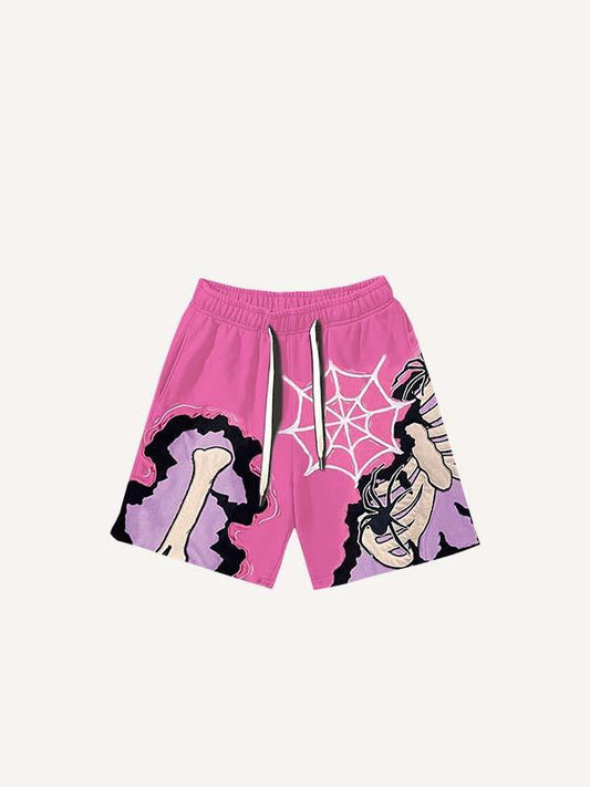 Skeleton&Spider Faux Decal Print Drawstring Waist Shorts