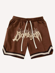 Striped Letter Graphic Drawstring Waist Shorts