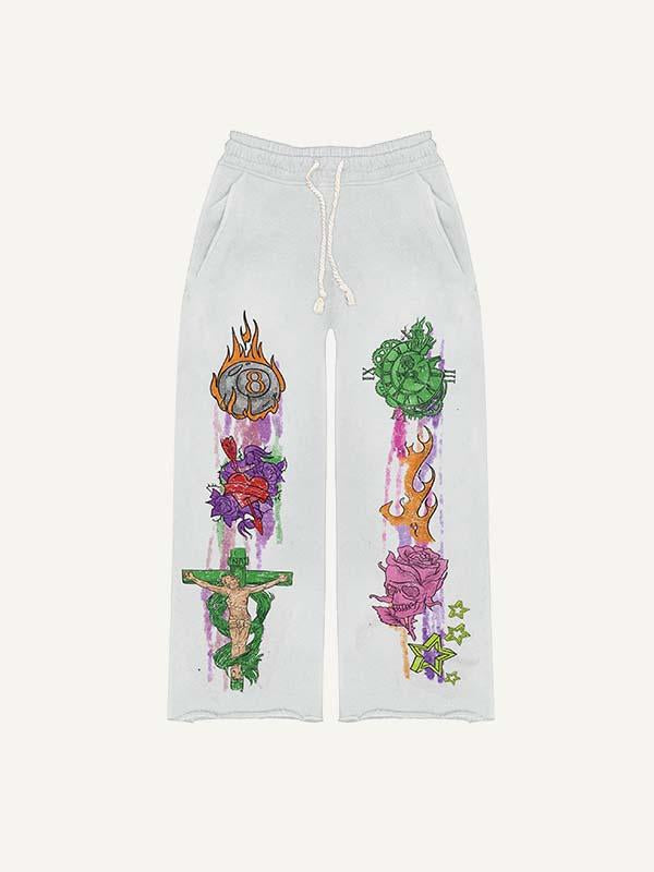 Jesus&Cross&Floral&Eagle&Dice&Wing&Heart&Fire&Graphic Print Elastic Waist Pants