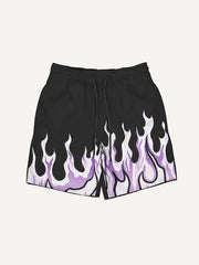 Fire Print Mesh Drawstring Waist Shorts