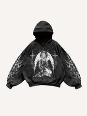 Figure&Wing&Cross Print Slant Pockets Hoodie