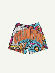 Monsters&Letter All Over Print Elastic Waist Shorts