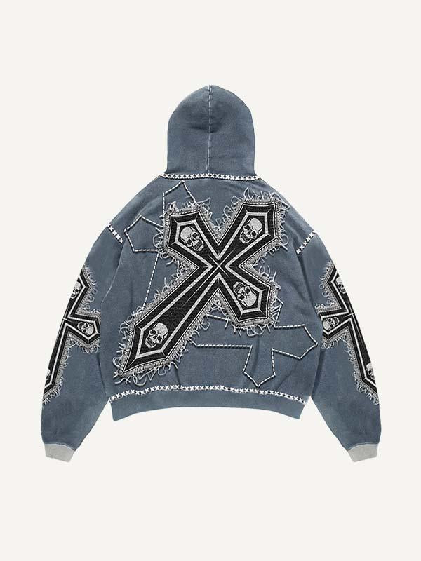 Skull&Letter&Cross Print Slant Pockets Hoodie