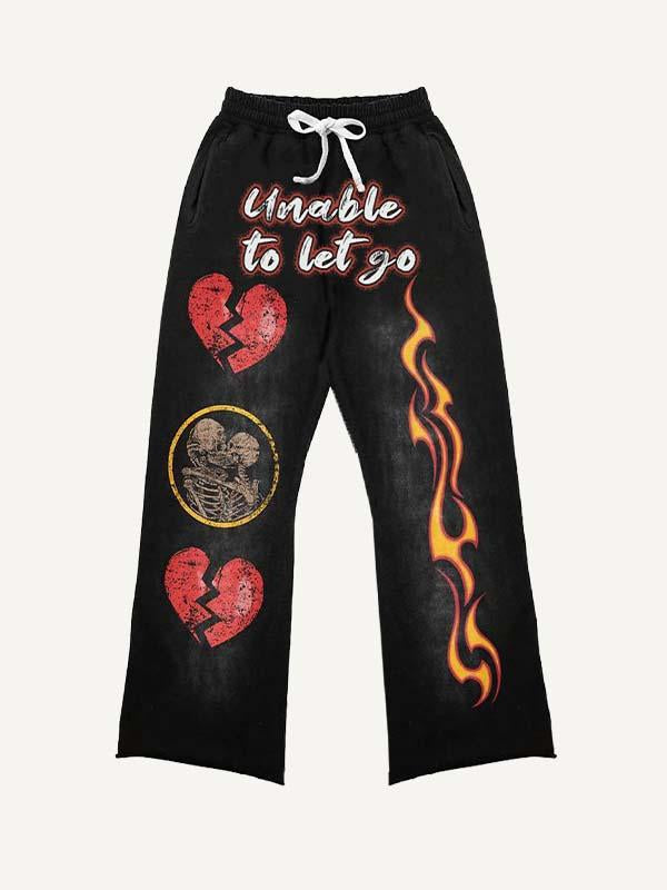 Heartbreak&Skeleton&Letter&Fire Print Elastic Waist Pants