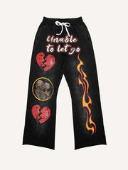 Heartbreak&Skeleton&Letter&Fire Print Elastic Waist Pants